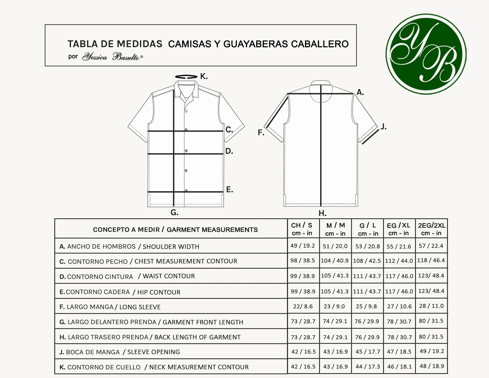 Tabla de medidas camisas y guayaberas caballero Yessica Basulto